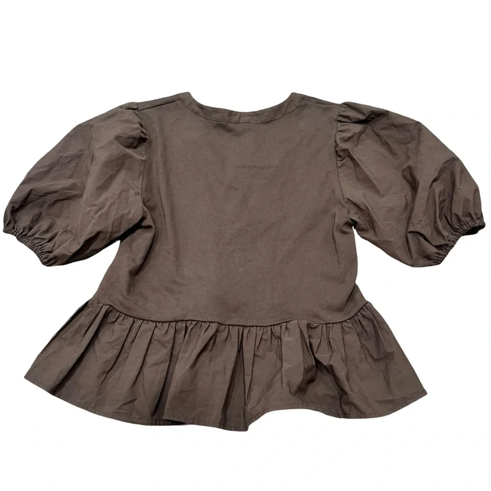 Zara Brown Tie Oversized Puff Sleeve Peplum Top NWT Costal Cowgirl Boho Feminine - Picture 7 of 10